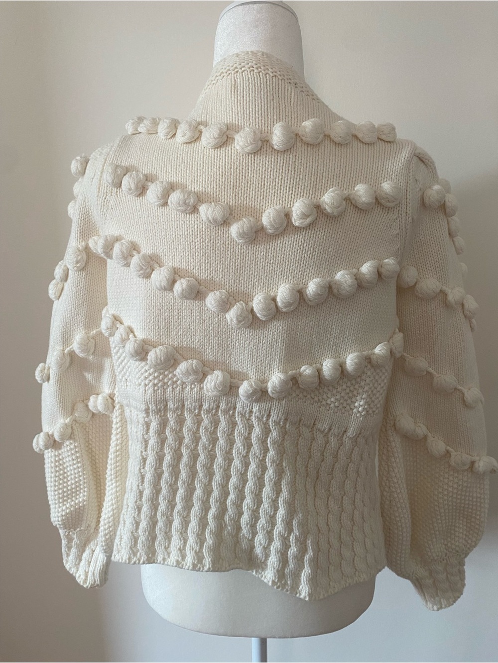 Vita Grace Ivory Bobble Knit Cardigan Balloon Sleeve Tie Waist Cotton M - Picture 5 of 16